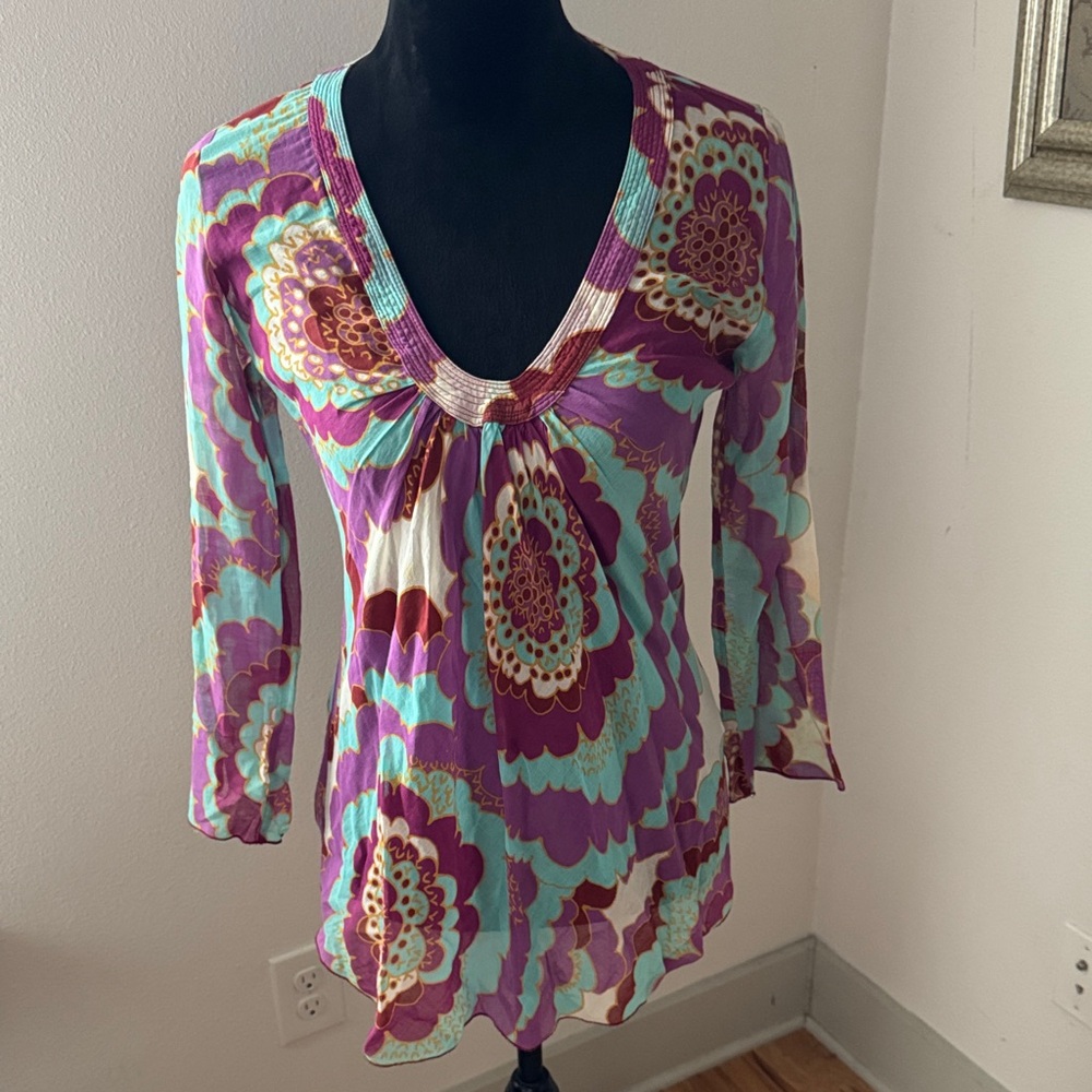 No-l-ita Made in Italy Colorful Floral V-Neck Top tunic blouse Sz 42 US 6